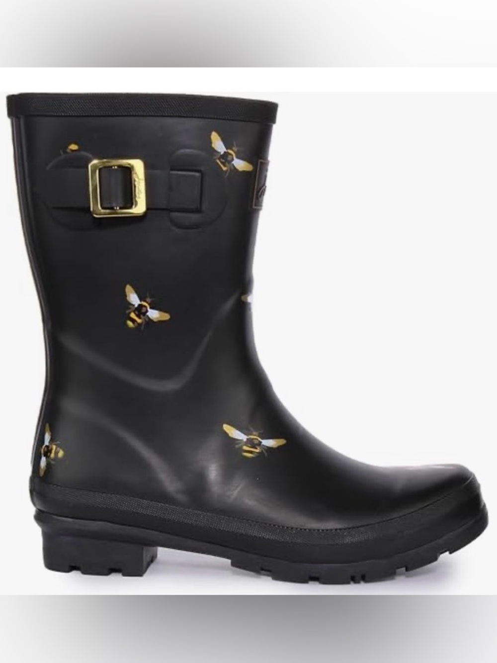 Joules Black Bee-Print Waterproof Rain Boot with Gold Buckle